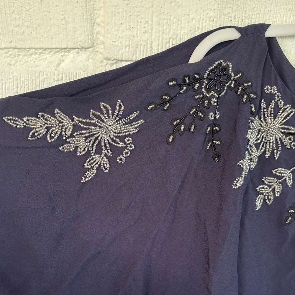 Free People Beaded Elegant Navy Floral Cold Shoulder Dress w/ belt sz XS